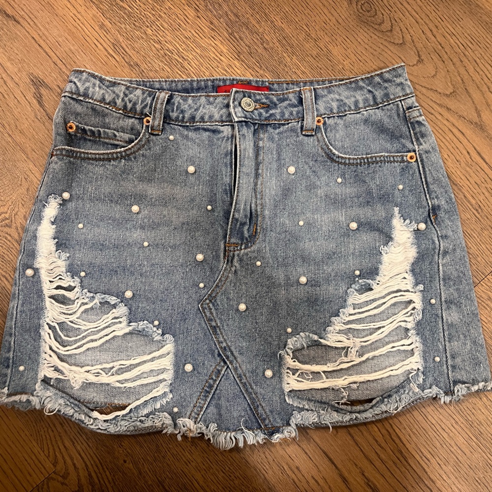 Pearl Distressed Denim Skirt